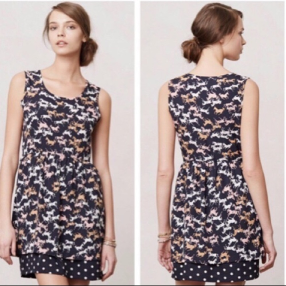Anthropologie horse/polka dot contrast print dress